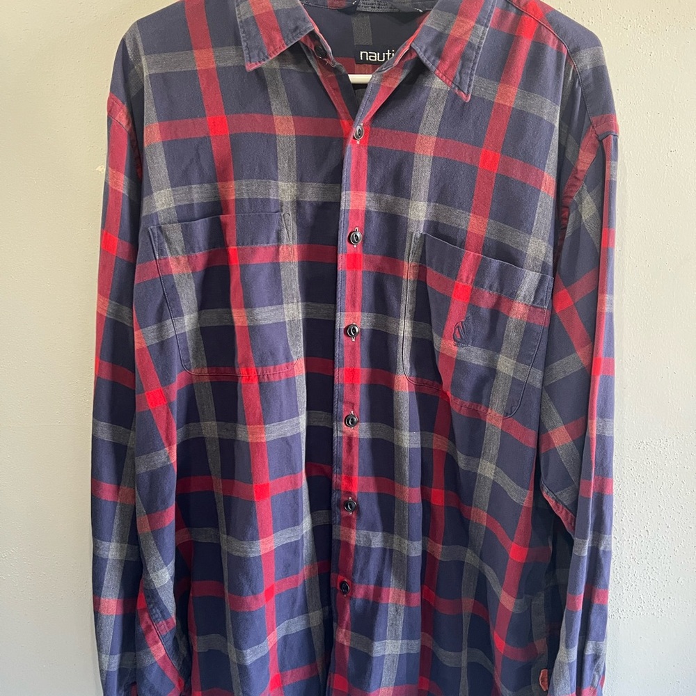 Nautica red and blue plaid button-up shirt Size L #nautica #flannel